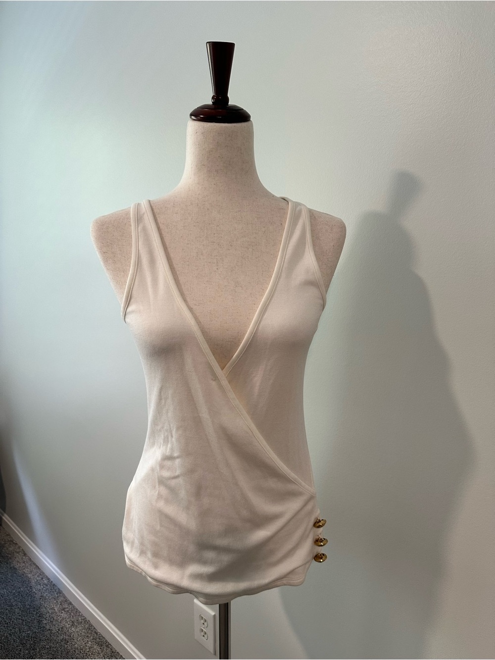 Balmain Sleeveless Wrap Tank Top with Gold Button Detail - Cream
